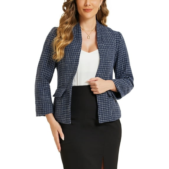 INSPIRE CHIC Women's Plaid Tweed Blazer Long Sleeve Open Front Work Office Jackets XS Dark Blue