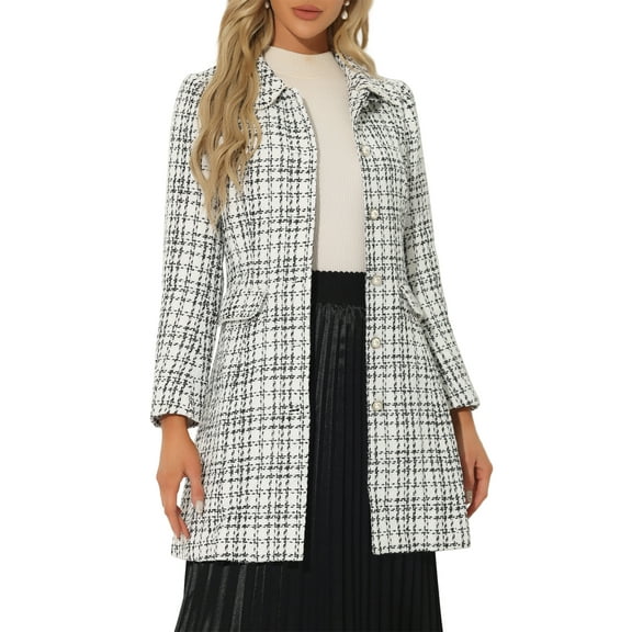 INSPIRE CHIC Women's Plaid Tweed Button Doll Collar Winter Elegant Long Coat