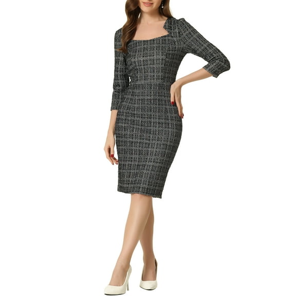 INSPIRE CHIC Women's Plaid Tweed Elegant Dresses Wear to Work 3/4 Sleeve Bodycon Midi Dress M Black
