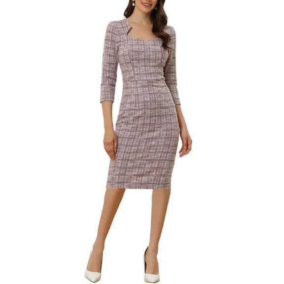 INSPIRE CHIC Women's Plaid Dress Square Neck 3/4 Sleeve Bodycon Midi Work Dress XS Pink