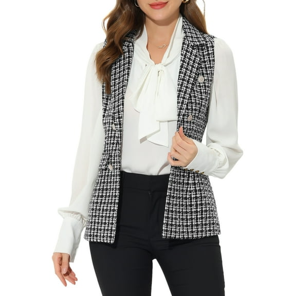 INSPIRE CHIC Women's Plaid Tweed Lapel Open Front Sleeveless Blazer Vest Jacket with Pocket 3XL Black