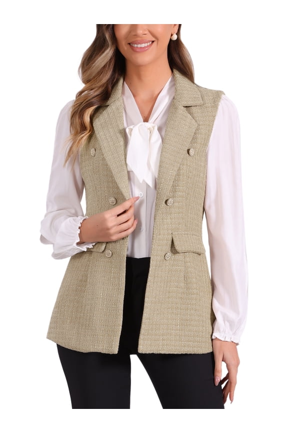 Women's Plaid Tweed Lapel Open Front Sleeveless Blazer Vest Jacket with Pocket L Camel