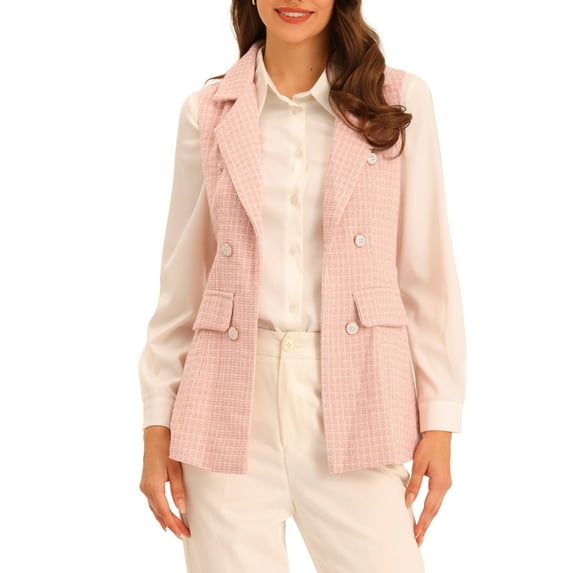 INSPIRE CHIC Women's Plaid Tweed Lapel Open Front Sleeveless Blazer Vest Jacket with Pocket L Pink