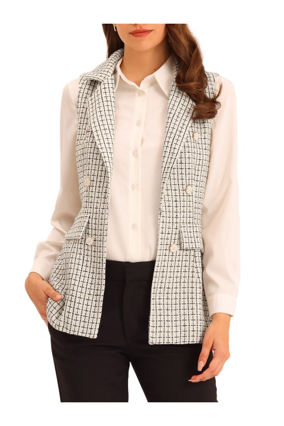 Women's Plaid Tweed Lapel Open Front Sleeveless Blazer Vest Jacket with Pocket L White