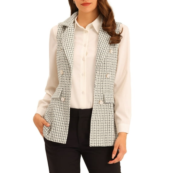 INSPIRE CHIC Women's Plaid Tweed Lapel Open Front Sleeveless Blazer Vest Jacket with Pocket M White