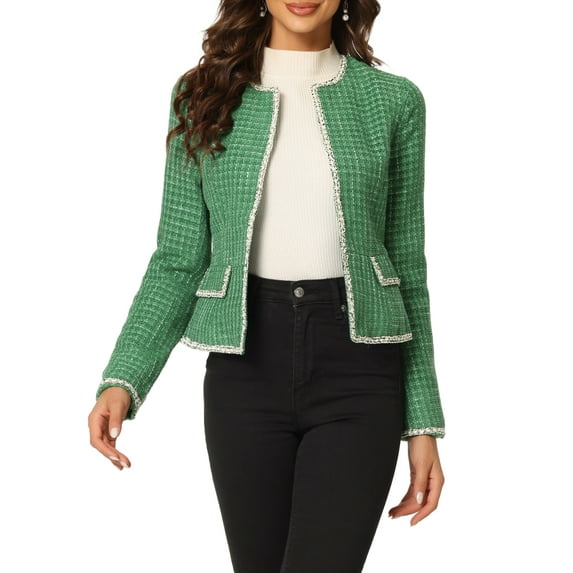 INSPIRE CHIC Women's Plaid Tweed Open Front Office Short Blazer