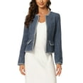 thumbnail image 1 of INSPIRE CHIC Women's Plaid Tweed Open Front Office Short Blazer L Dark Blue, 1 of 6