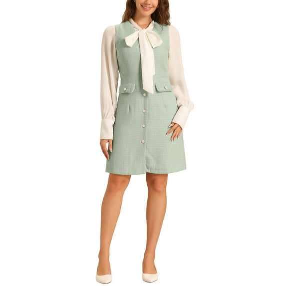 INSPIRE CHIC Women's Dress Plaid Tweed V Neck Sleeveless Single Breasted Pockets Dress M Green