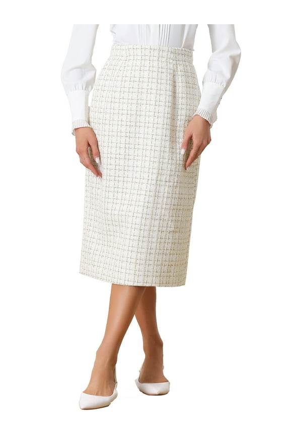 Women's Plaid Tweed Zipper Split Back Work Midi Skirts XL White