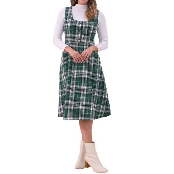 INSPIRE CHIC Women's Plaid Vintage Dress Sleeveless High Waist A-Line Midi Pinafore Dress M Green