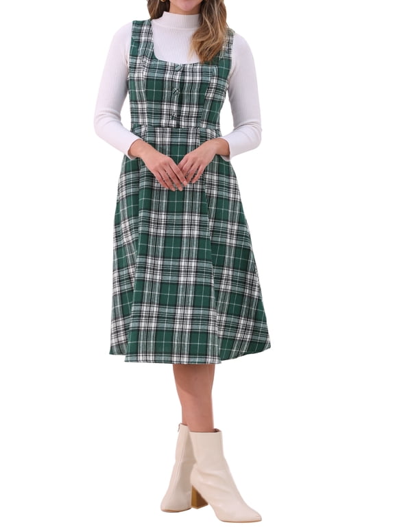 Women's Plaid Vintage Dress Sleeveless High Waist A-Line Midi Pinafore Dress S Green