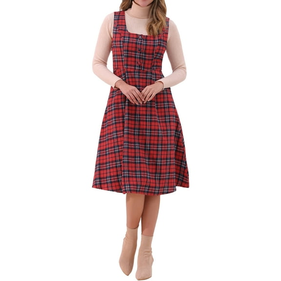 INSPIRE CHIC Women's Plaid Vintage Dress Sleeveless High Waist A-Line Midi Pinafore Dress S Red