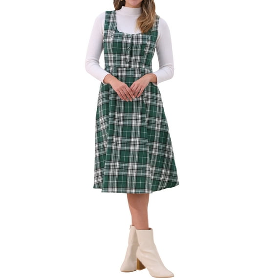 INSPIRE CHIC Women's Plaid Vintage Dress Sleeveless High Waist A-Line Midi Pinafore Dress XL Green