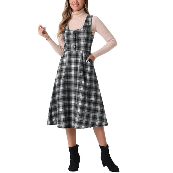 INSPIRE CHIC Women's Plaid Vintage Dress Sleeveless High Waist A-Line Midi Pinafore Dress