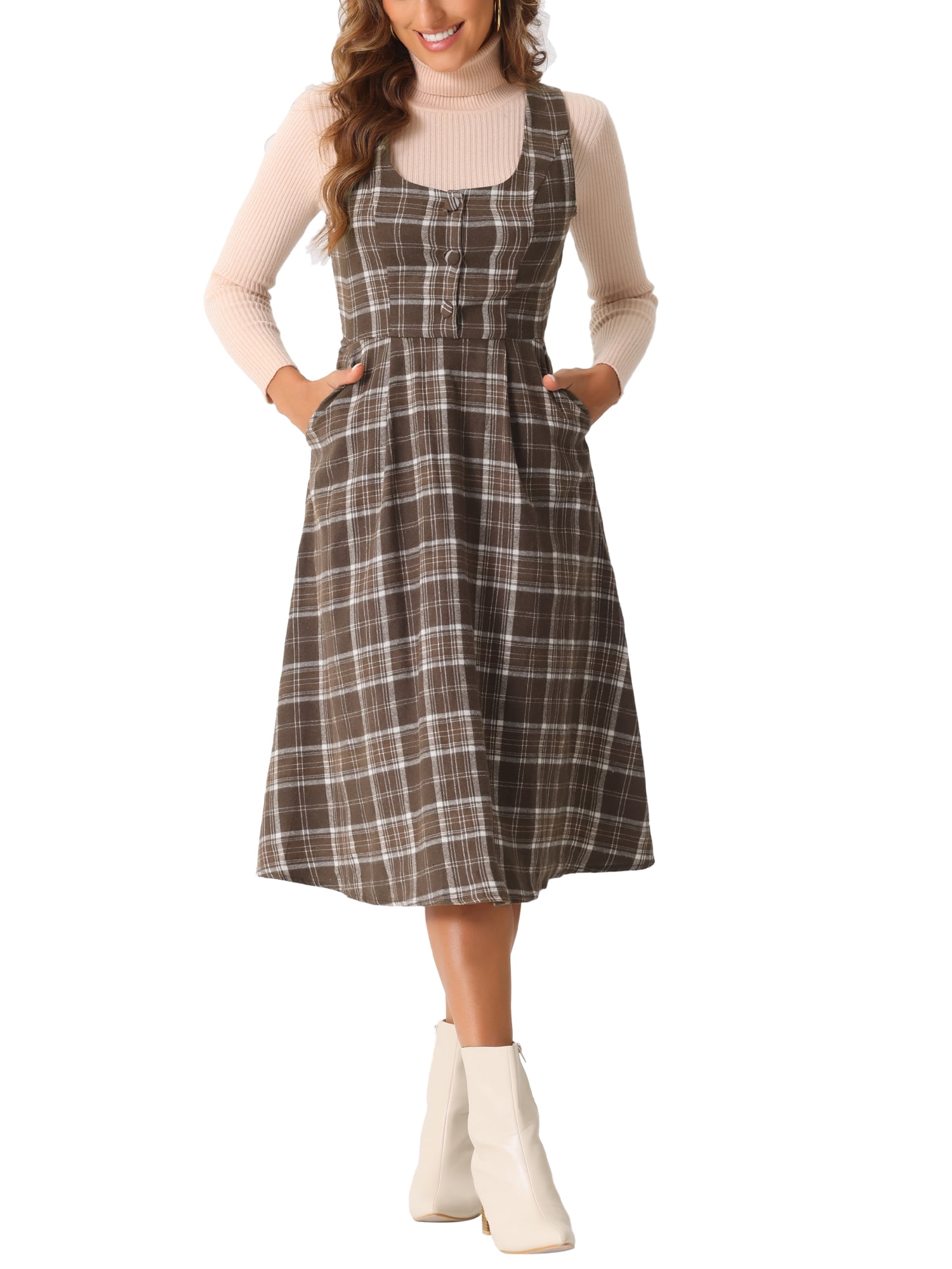 high waisted pinafore dress Inspire Chic Women's Plaid Vintage Dress Sleeveless High Waist A-Line Midi Pinafore Dress, Size: Medium, Black