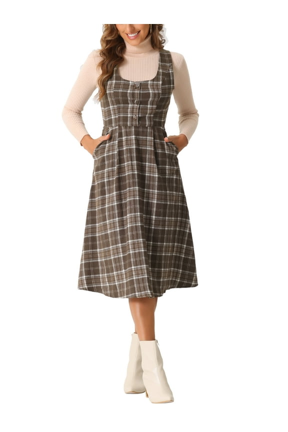 INSPIRE CHIC Women's Plaid Vintage Dress Sleeveless High Waist A-Line Midi Pinafore Dress