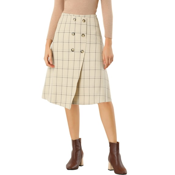 Allegra K Women's Plaid Vintage Faux Wrap Buttons Midi High Waist Skirt