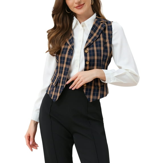 INSPIRE CHIC Women's Waistcoat Notched Lapel V Neck Single Breasted Vintage Plaid Vest L Blue Orange
