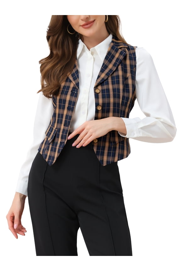 Women's Waistcoat Notched Lapel V Neck Single Breasted Vintage Plaid Vest XL Blue Orange