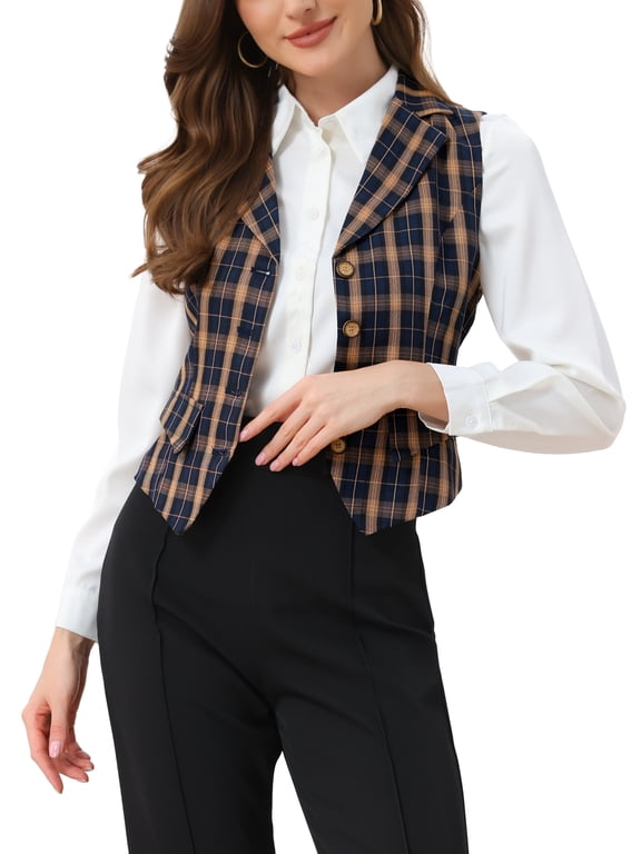 Women's Waistcoat Notched Lapel V Neck Single Breasted Vintage Plaid Vest XL Blue Orange