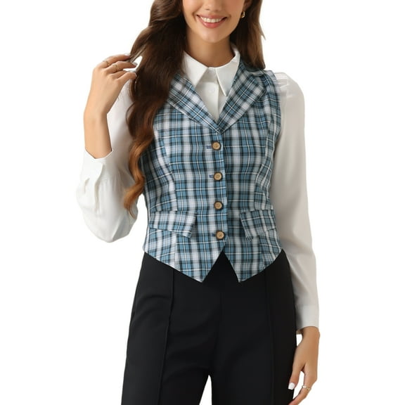INSPIRE CHIC Women's Waistcoat Notched Lapel V Neck Single Breasted Vintage Plaid Vest XS Dusty Blue