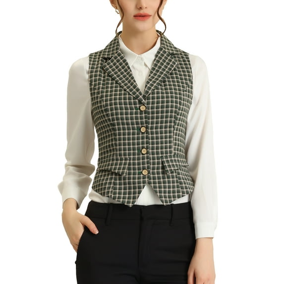 INSPIRE CHIC Women's Waistcoat Notched Lapel V Neck Single Breasted Vintage Plaid Vest XS Green