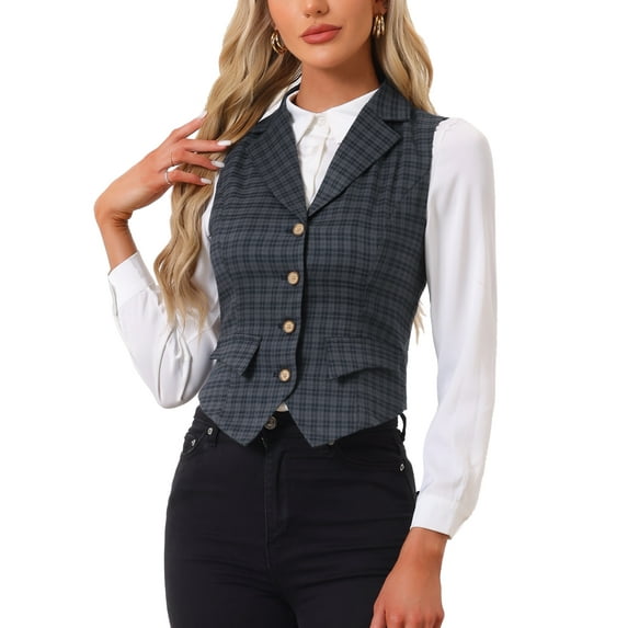 INSPIRE CHIC Women's Waistcoat Notched Lapel V Neck Single Breasted Vintage Plaid Vest S Grey Blue