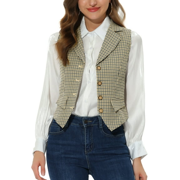INSPIRE CHIC Women's Waistcoat Notched Lapel V Neck Single Breasted Vintage Plaid Vest XS Brown