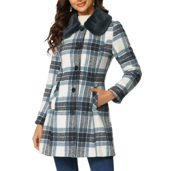 INSPIRE CHIC Women's Plaid Winter Faux Fur Collar Outerwear Long Coat