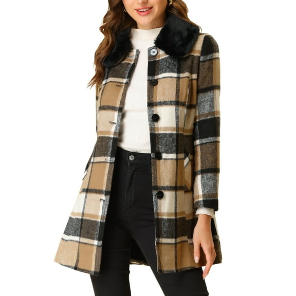 INSPIRE CHIC Women's Plaid Winter Faux Fur Collar Outerwear Long Coat