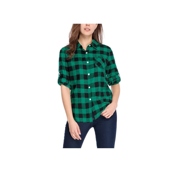 Allegra K Women's Plaids Long Sleeves Cuffs Boyfriend Button Down Shirt
