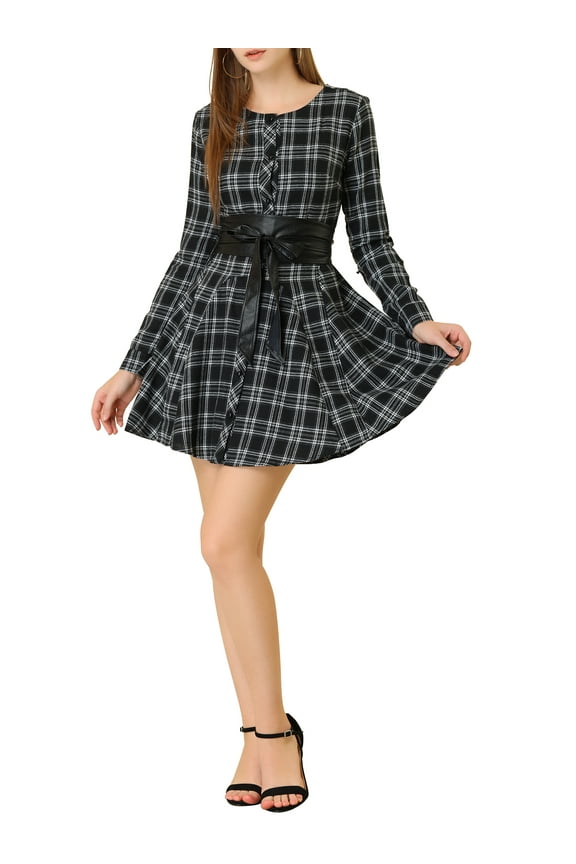 Women's Plaids Print Long Sleeves Belted A-Line Shirt Dress L Black