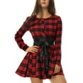 thumbnail image 1 of INSPIRE CHIC Women's Plaids Print Long Sleeves Belted A-Line Shirt Dress L Red, 1 of 6