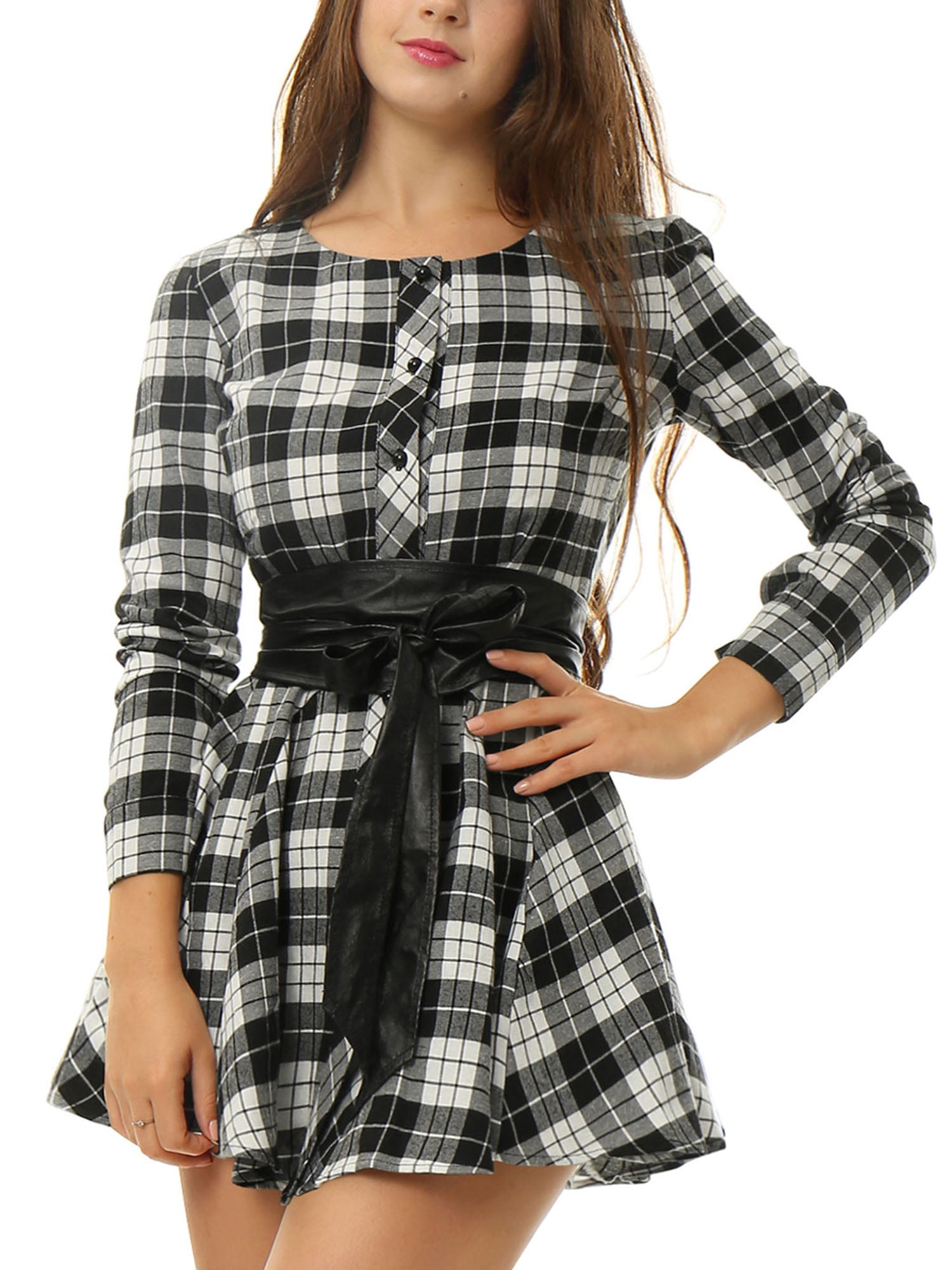 Long Sleeve Plaid Mock Two Piece A-Line Dress / Plaid Cape / Set main image 1