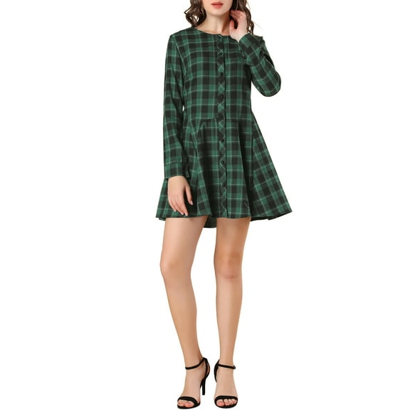INSPIRE CHIC Women's Plaids Print Long Sleeves Belted A-Line Shirt Dress S Green Buffalo