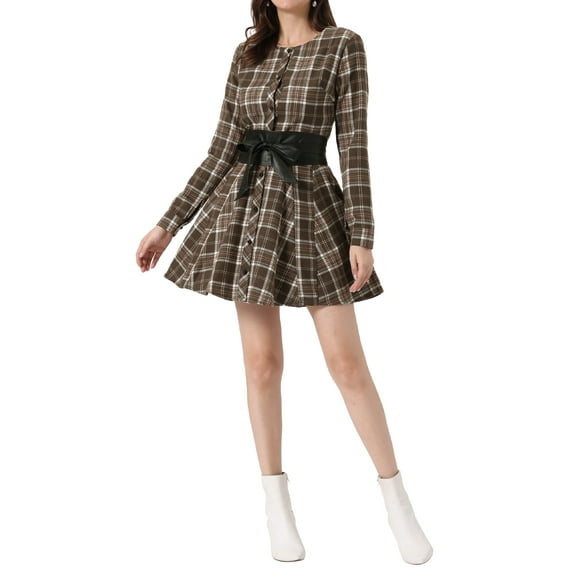 INSPIRE CHIC Women's Plaids Print Long Sleeves Belted A-Line Shirt Dress XL Brown