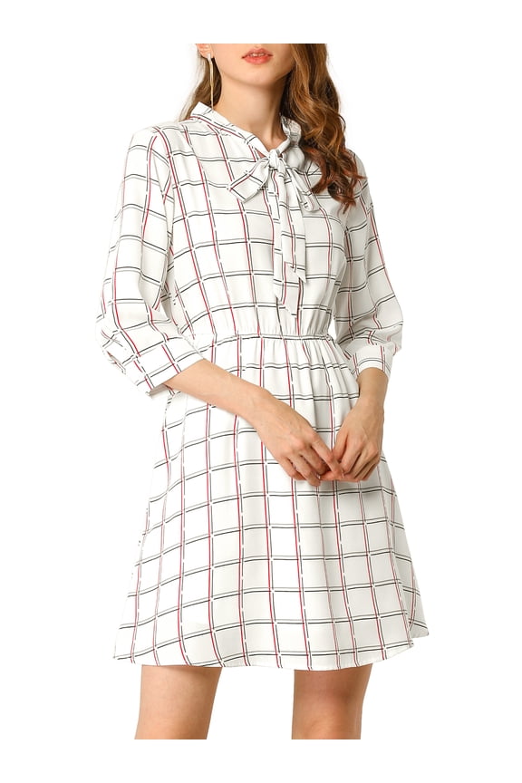 Women's Plaids Print Tie-Bow Neck 3/4 Sleeves Tie Waist Belted Dress L White
