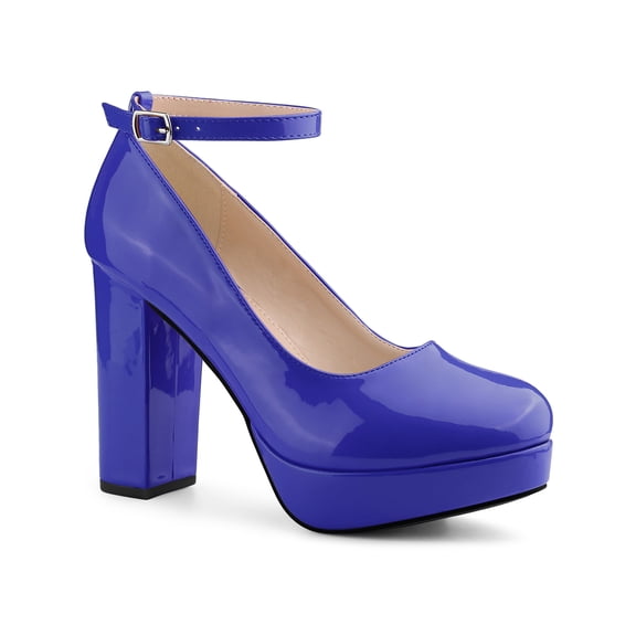BLISSFUL STEP Women's Block Heel Pumps Platform Ankle Strap Round Toe Heel Blue 9