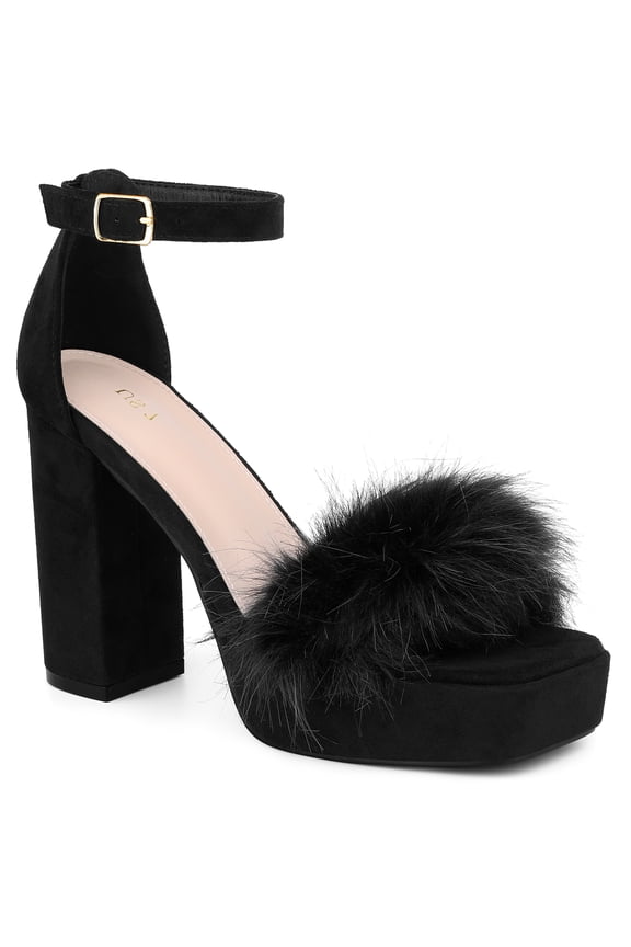 Women's Platform Ankle Strap Faux Fur Square Toe Chunky Heels Sandals Black 10
