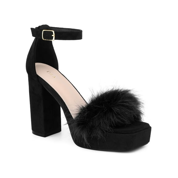 INSPIRE CHIC Women's Platform Ankle Strap Faux Fur Square Toe Chunky Heels Sandals Black 6