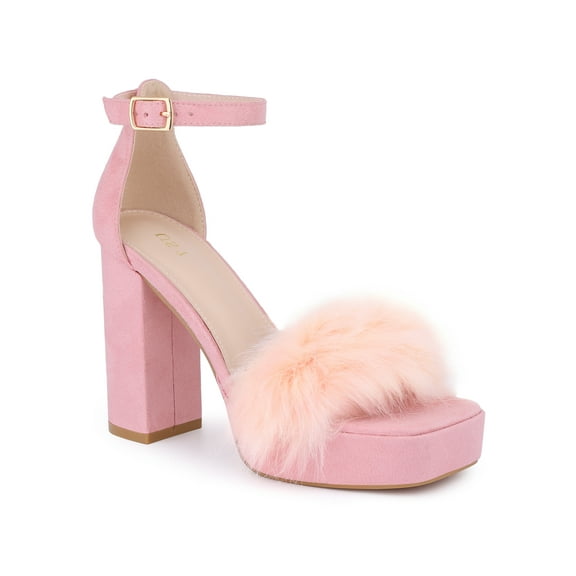 INSPIRE CHIC Women's Platform Ankle Strap Faux Fur Square Toe Chunky Heels Sandals Pink 9