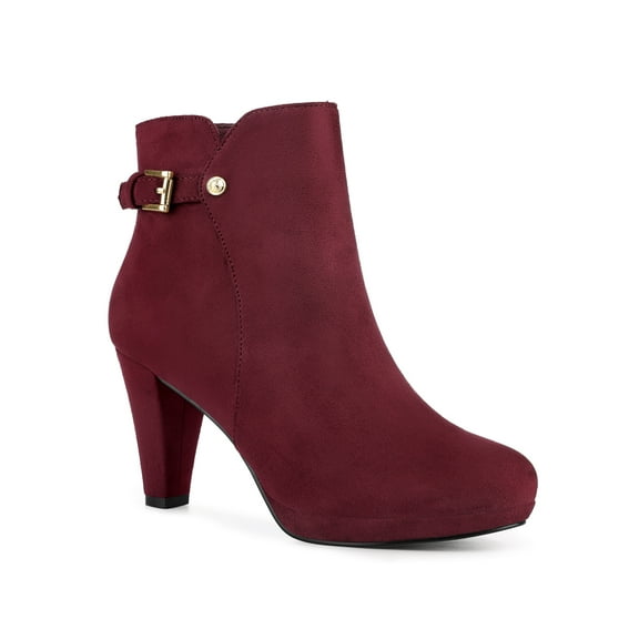 BLISSFUL STEP Women's Block Heel Platform Ankle Boots Burgundy 9