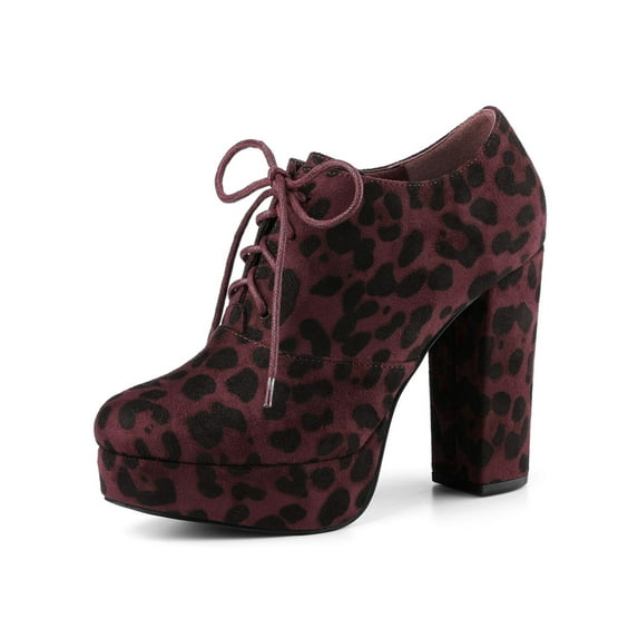 BLISSFUL STEP Women's Platform Block Heel Lace Up Booties Burgundy Leopard (Size 10)