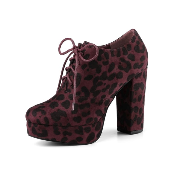 BLISSFUL STEP Women's Platform Block Heel Lace Up Booties Burgundy Leopard (Size 9)