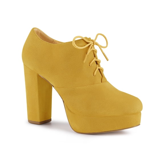 BLISSFUL STEP Women's Platform Block Heel Lace Up Booties Yellow 6