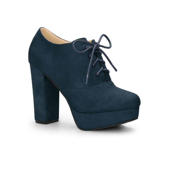 BLISSFUL STEP Women's Platform Block Heel Lace Up Booties Navy Blue 8