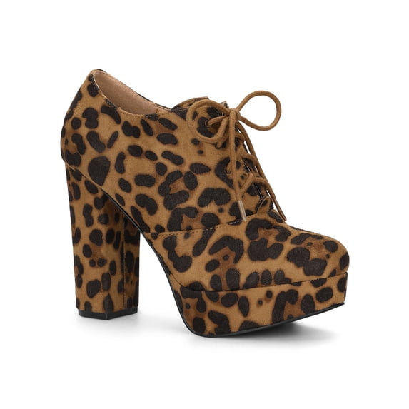 BLISSFUL STEP Women's Platform Block Heel Lace Up Booties Leopard 7