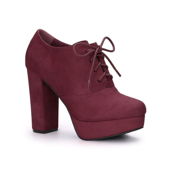 BLISSFUL STEP Women's Platform Block Heel Lace Up Booties Burgundy 6
