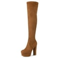 thumbnail image 1 of BLISSFUL STEP Women's Boot Platform Block Heel Over Knee Boots Brown 7.5, 1 of 8
