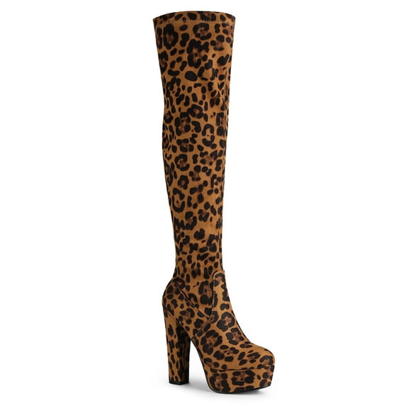BLISSFUL STEP Women's Boot Platform Block Heel Over Knee Boots Leopard 6